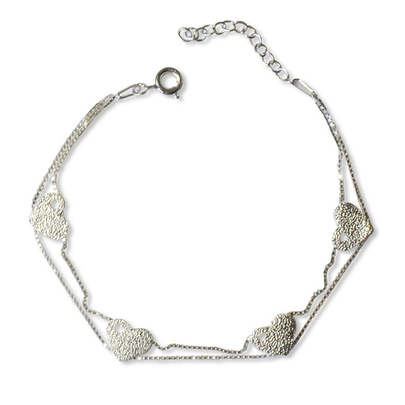 Pulsera Corazones Doble Cadena Plata Fina 925-0
