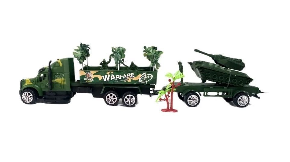 Camion Militar  Con Remolque,Tanque y Soldados Juguete-1