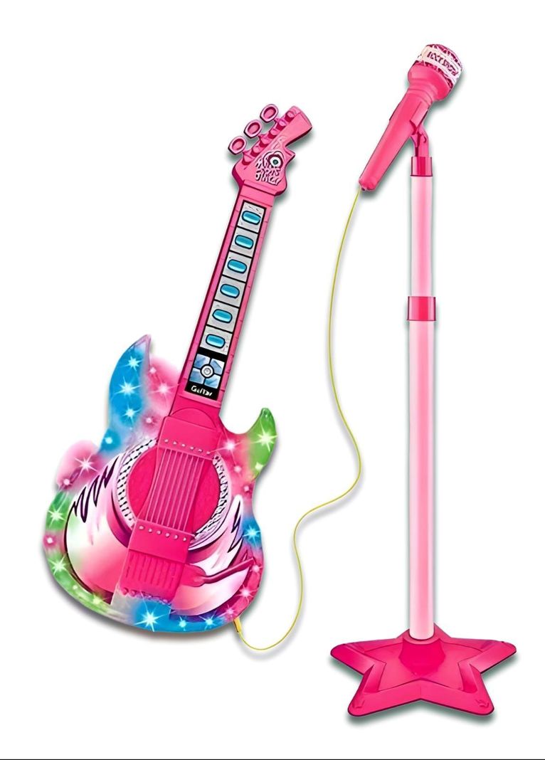 Set Guitarra Microfono Pedestal Juguete Mp3 Luces Rosada-0