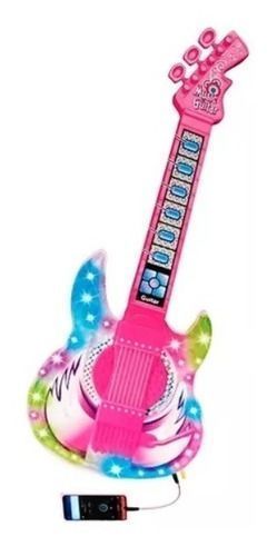 Set Guitarra Microfono Pedestal Juguete Mp3 Luces Rosada-2