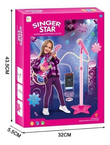 Set Guitarra Microfono Pedestal Juguete Mp3 Luces Rosada-5