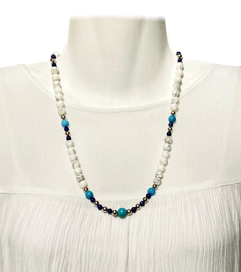 Collar plata 925,  Howlita blanca, azurita y Turquesa-2