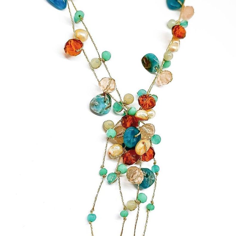 Collar Hilos De Seda Dorados Piedras Naturales Cristales Colores-2