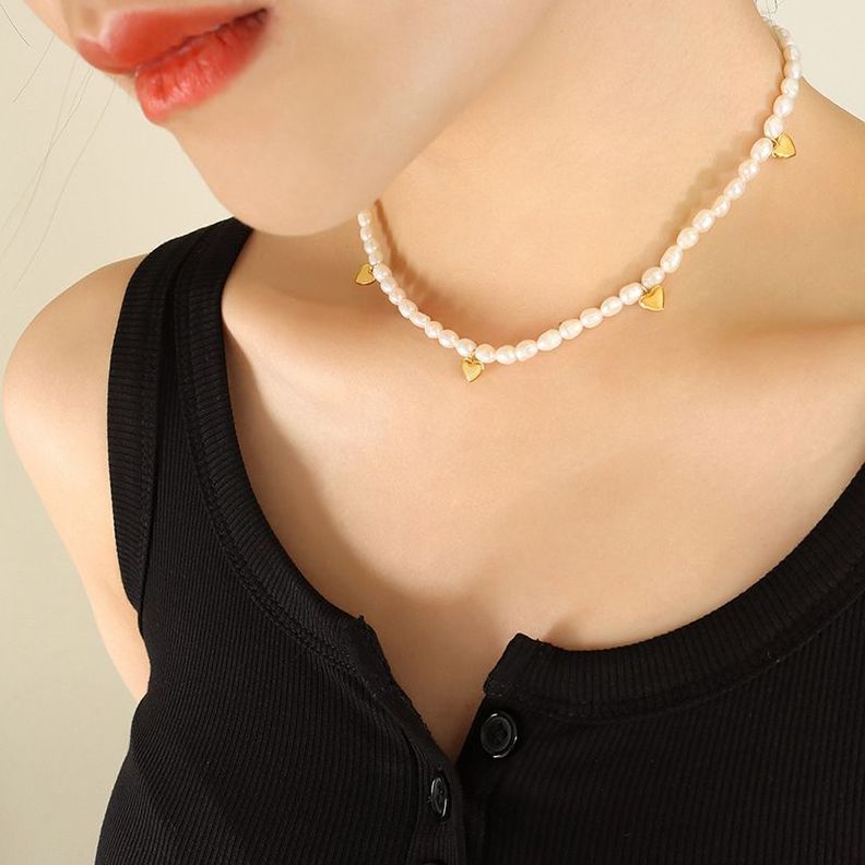 Collar Baño Oro Amarillo 18k Choker Perlas Agua Dulce Corazones-3