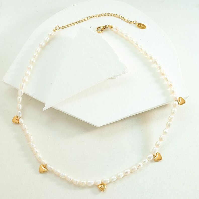 Collar Baño Oro Amarillo 18k Choker Perlas Agua Dulce Corazones-2