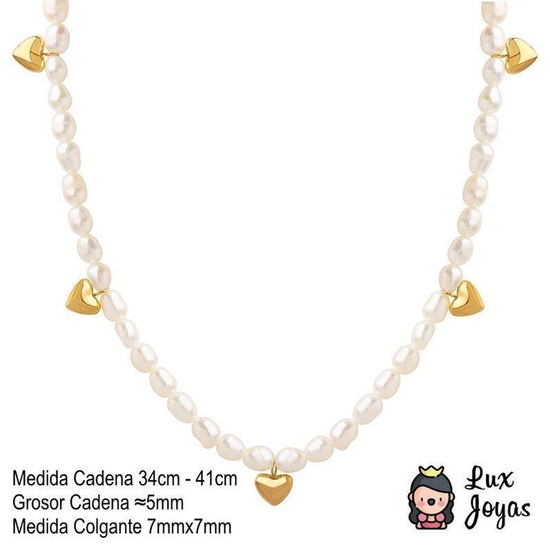 Collar Baño Oro Amarillo 18k Choker Perlas Agua Dulce Corazones-4