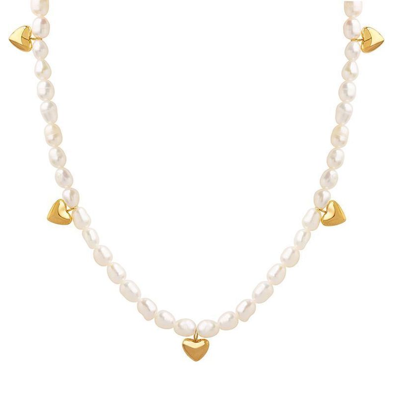 Collar Baño Oro Amarillo 18k Choker Perlas Agua Dulce Corazones-0