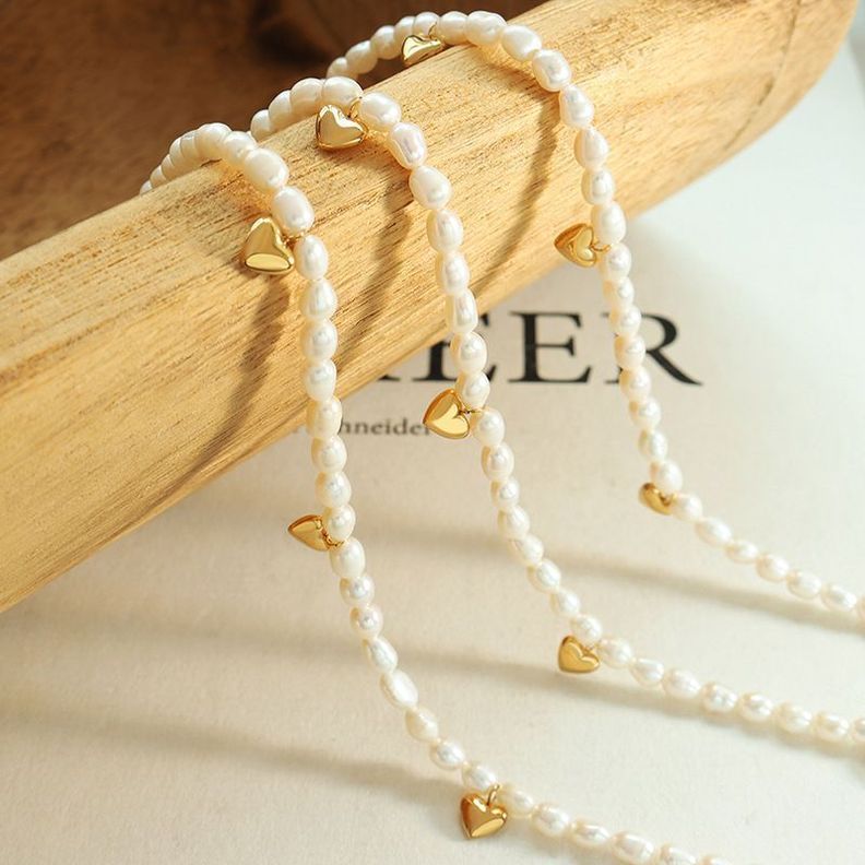 Collar Baño Oro Amarillo 18k Choker Perlas Agua Dulce Corazones-1
