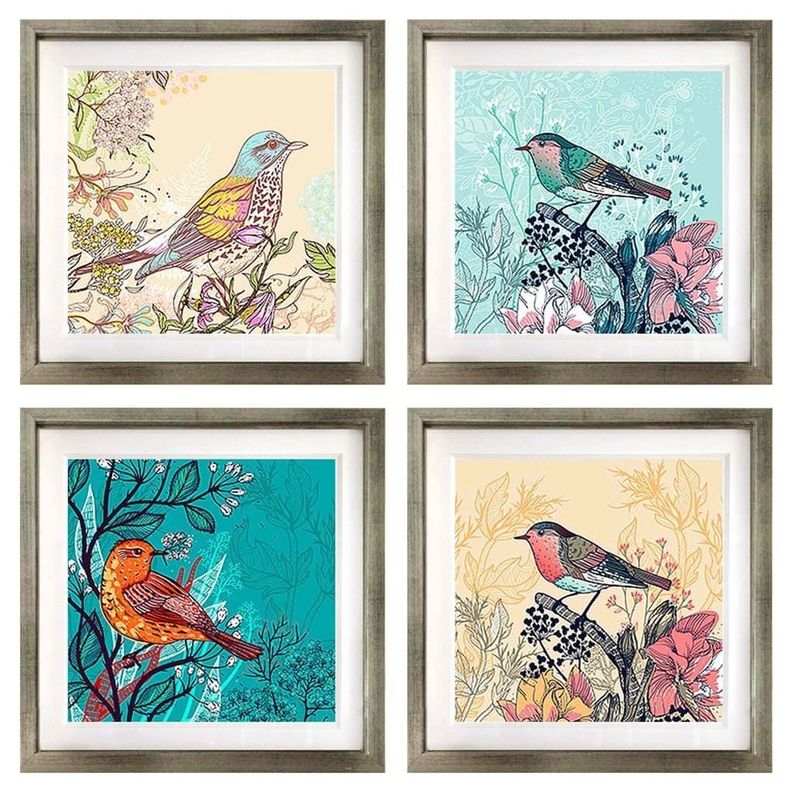 Set 4 Cuadros Plateado Pajaros Vintage 30X30-0
