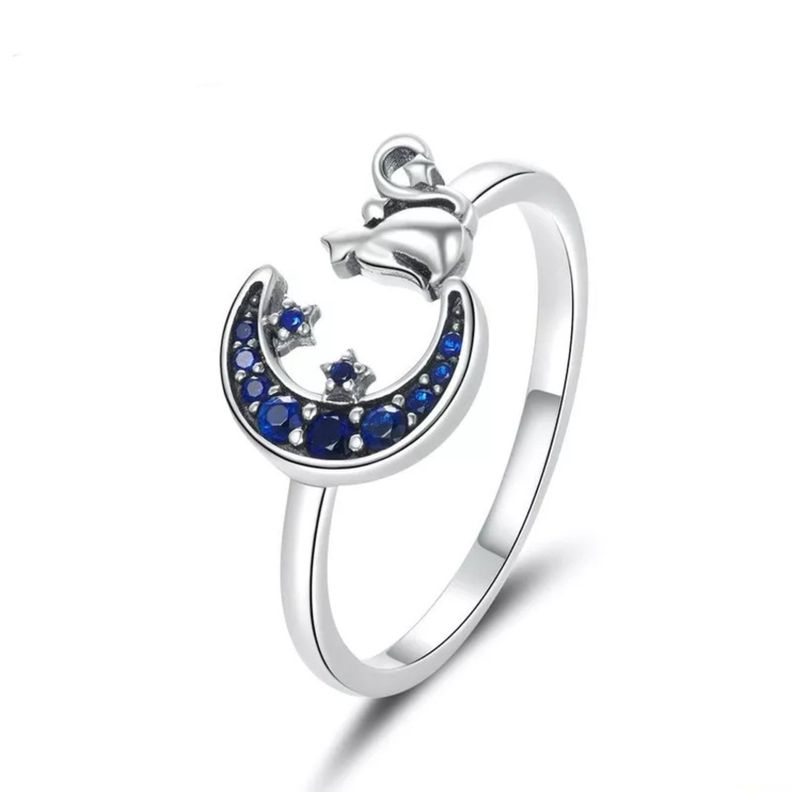Anillo Gato Luna Ajustable Plata 925-0