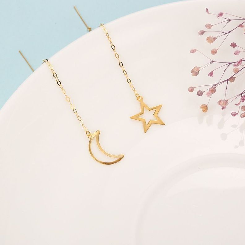AROS LARGOS CADENA LUNA ESTRELLA ORO AMARILLO 18K-1