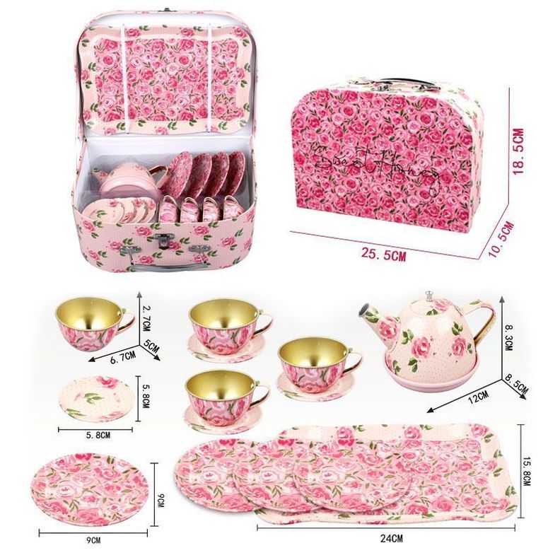 Juego De Tacitas Teteras Platitos Metálicos Caja Regalo Rosa-1