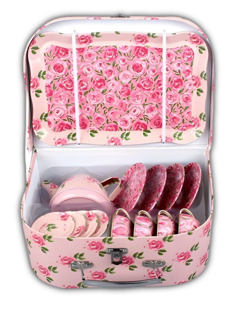 Juego De Tacitas Teteras Platitos Metálicos Caja Regalo Rosa-0
