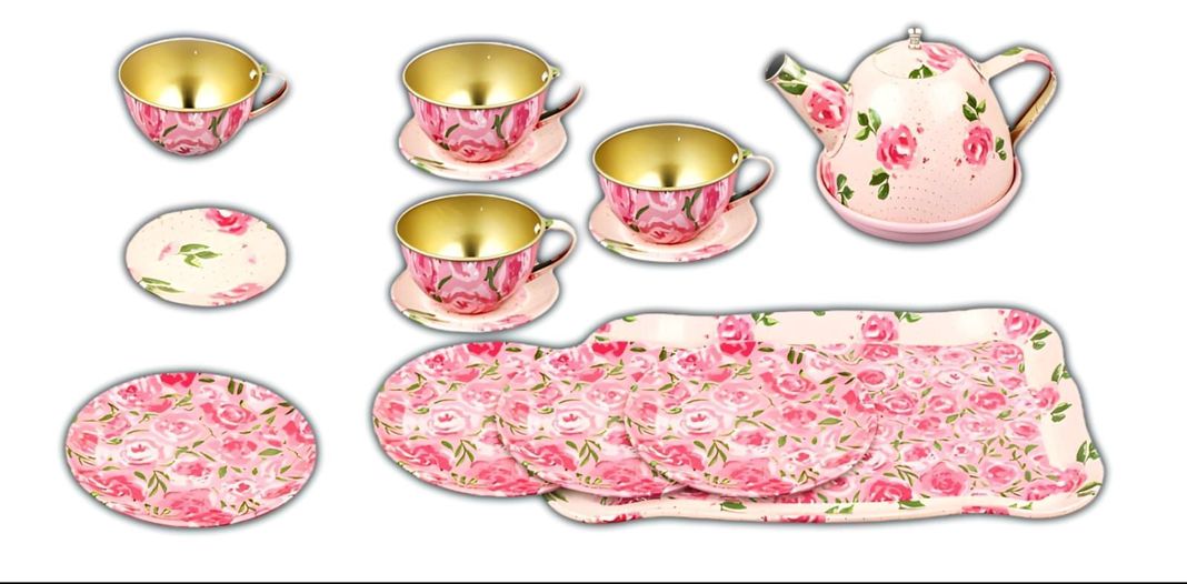 Juego De Tacitas Teteras Platitos Metálicos Caja Regalo Rosa-2