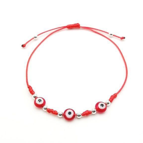 Pulsera 3 Ojo Turco Rojo Cordón Rojo Plata Fina 925-0