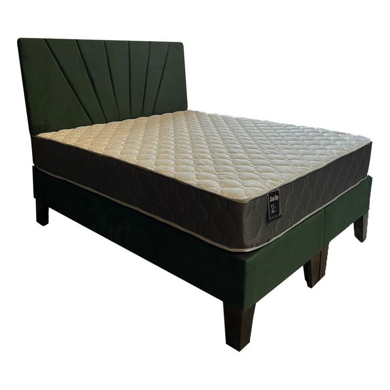 Cama Americana 2P + Colchon de resortes + Respaldo Verde Botella Pmadera Verde Oscuro