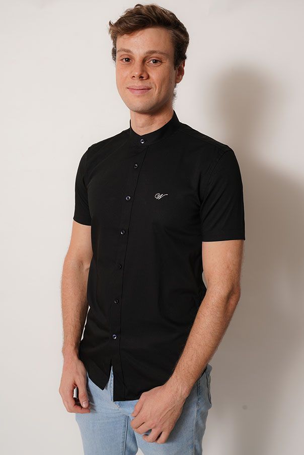 camisa cuello mao  color negro manga corta fit-1