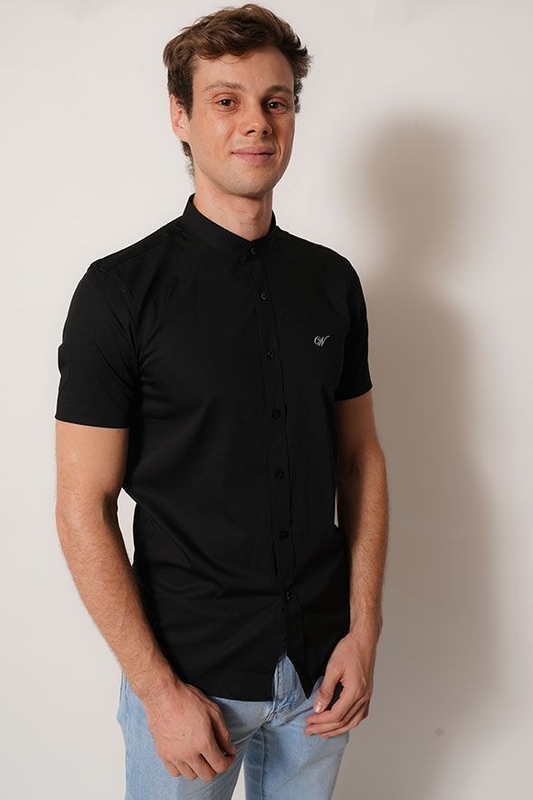 camisa cuello mao  color negro manga corta fit-2