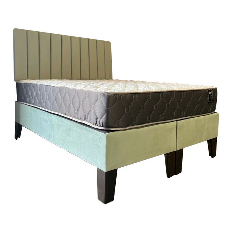 Cama Americana Full + Colchon de resortes + Respaldo Tubular Verde Menta felpa Pmadera