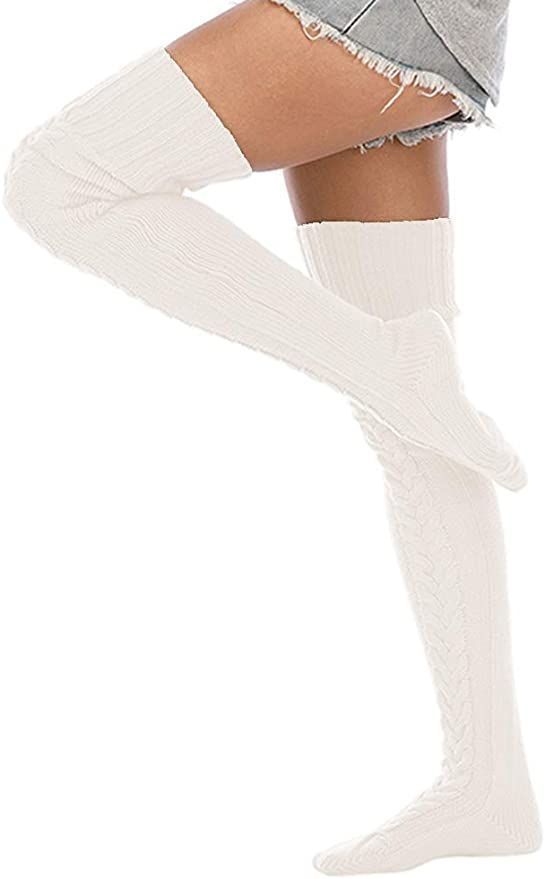 Calcetas Invierno tejidas encima de Rodilla BLANCO-6