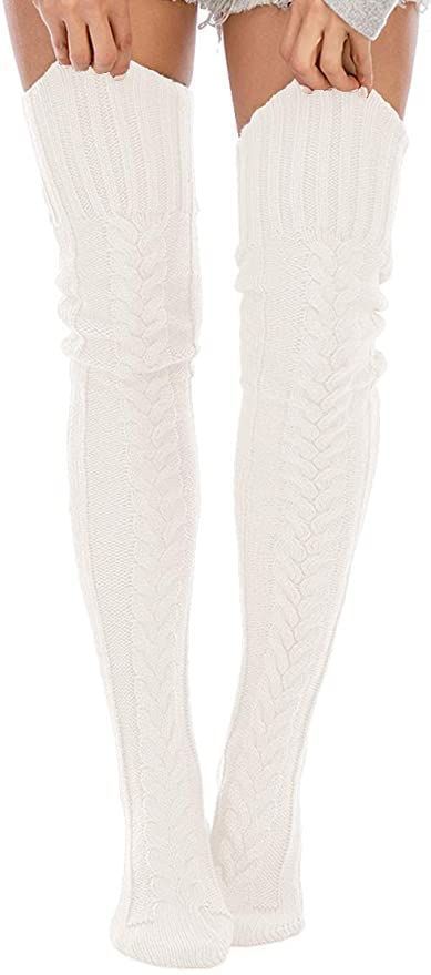 Calcetas Invierno tejidas encima de Rodilla BLANCO-1