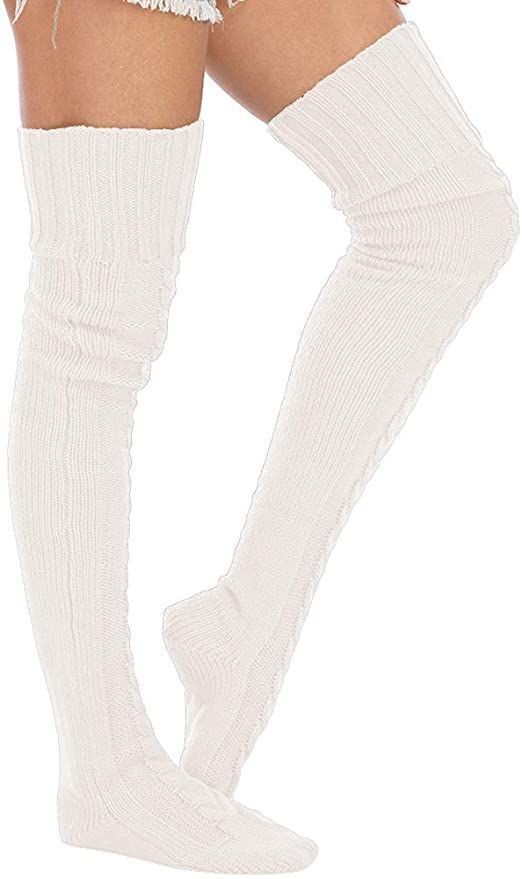 Calcetas Invierno tejidas encima de Rodilla BLANCO-4