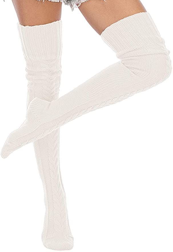 Calcetas Invierno tejidas encima de Rodilla BLANCO-5