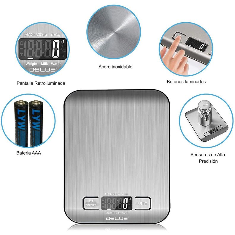 Pesa de Cocina Digital 5kg Acero Inoxidable Dblue-2