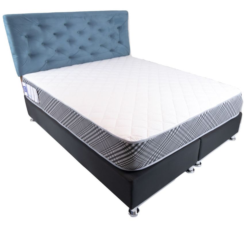 Cama Americana 2P + Colchon de resortes + Respaldo Azul petroleo  Felpa Pmetal-0