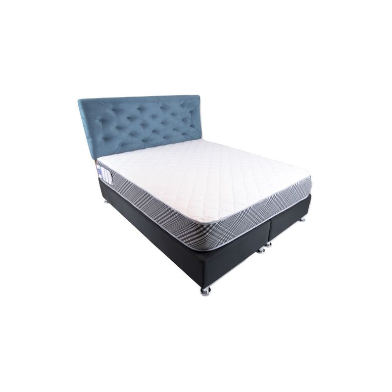 Cama Americana 2P + Colchon de resortes + Respaldo Azul petroleo  Felpa Pmetal-1