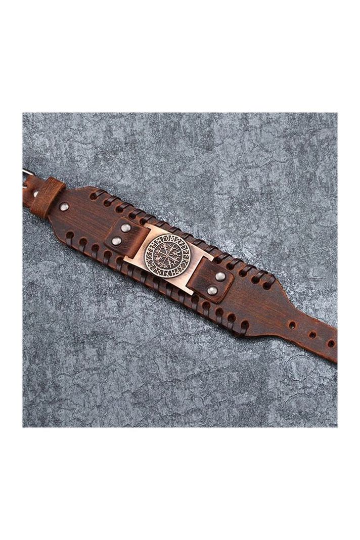 Pulsera cuero ajustable. Modelo Vegvisir Vikingo Café-3