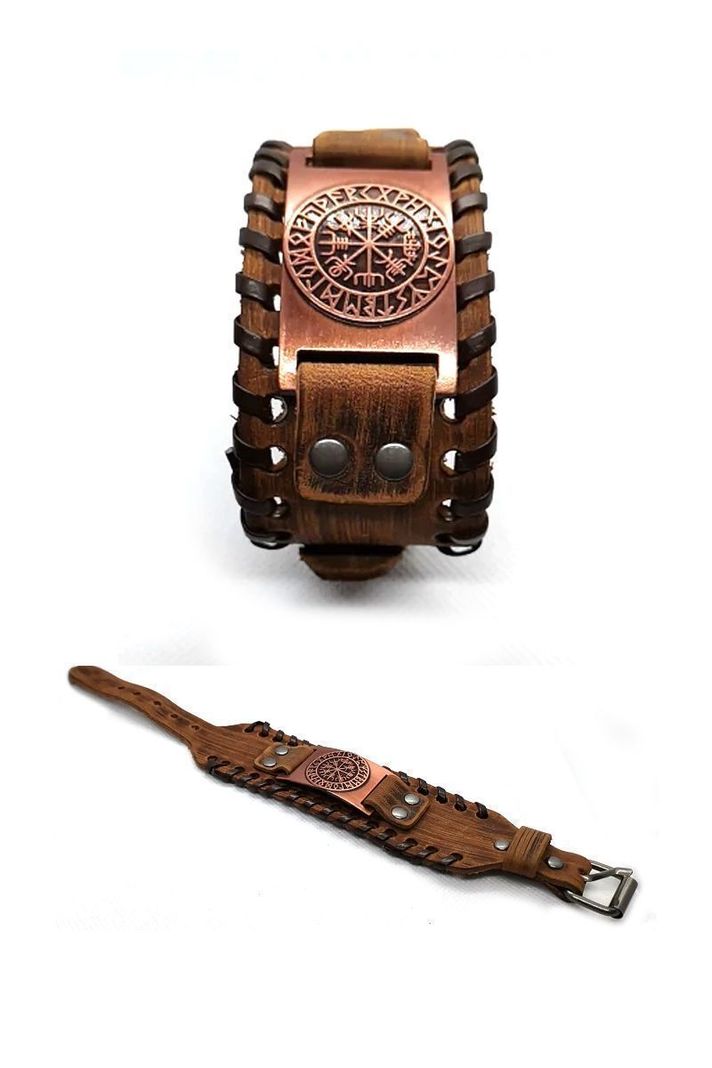 Pulsera cuero ajustable. Modelo Vegvisir Vikingo Café-2