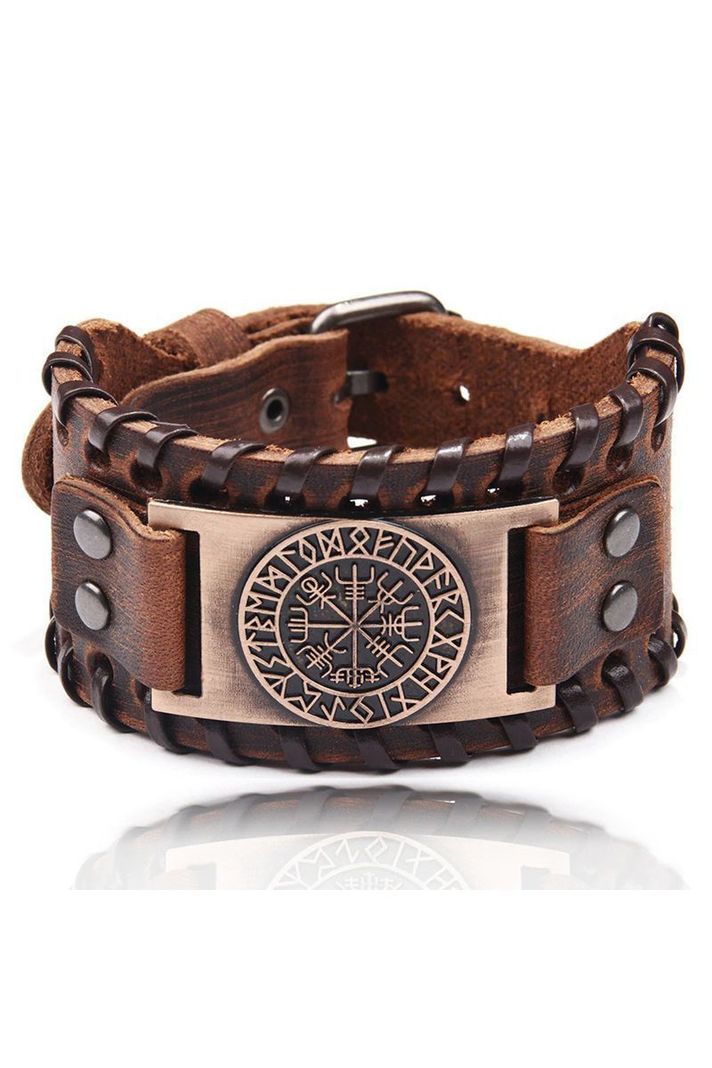 Pulsera cuero ajustable. Modelo Vegvisir Vikingo Café-0