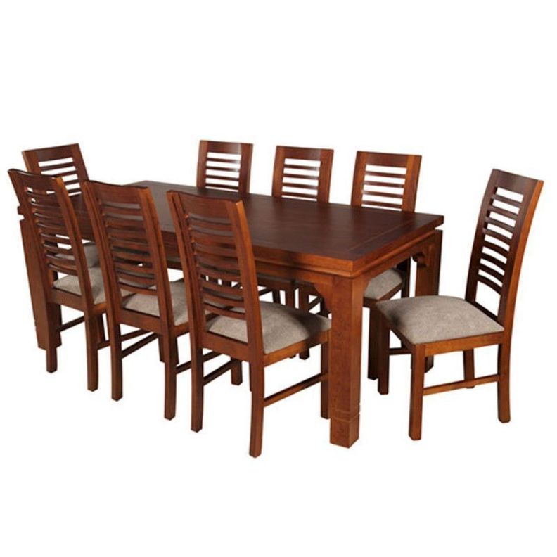 JUEGO DE COMEDOR LUCIANA RECTANGULAR 8 SILLAS MADERA COLOR MIEL TAPIZ CAFÉ JASPEADO-6