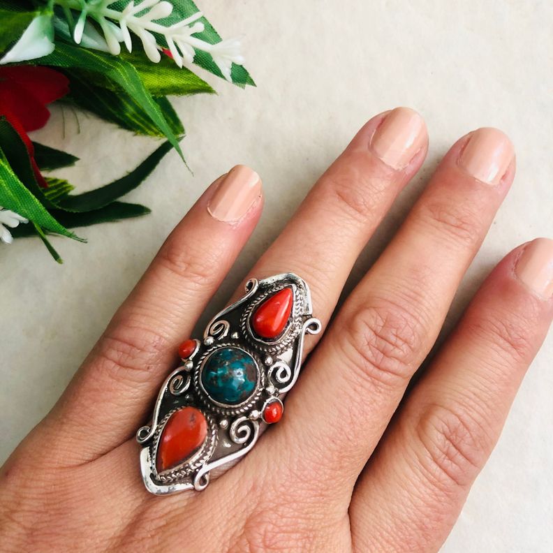 Anillo Turquesa y Coral Rojo en Plata-1