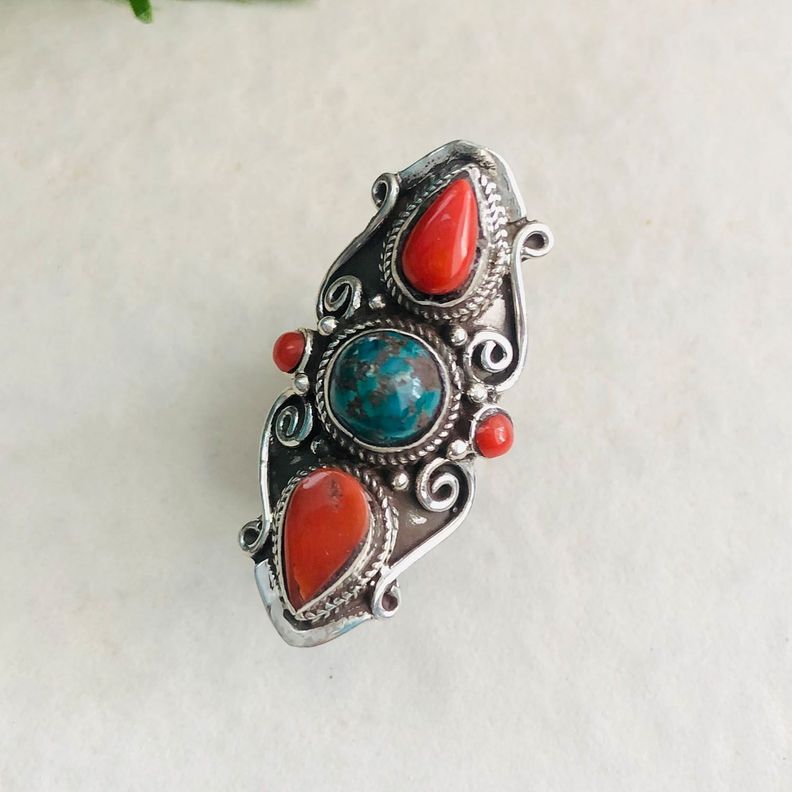 Anillo Turquesa y Coral Rojo en Plata-0
