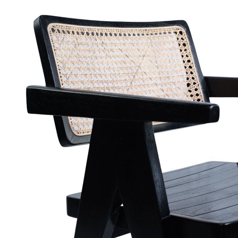 Silla de teca y respaldo de rattan negro-2