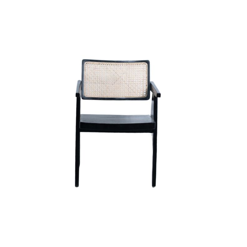 Silla de teca y respaldo de rattan negro-1