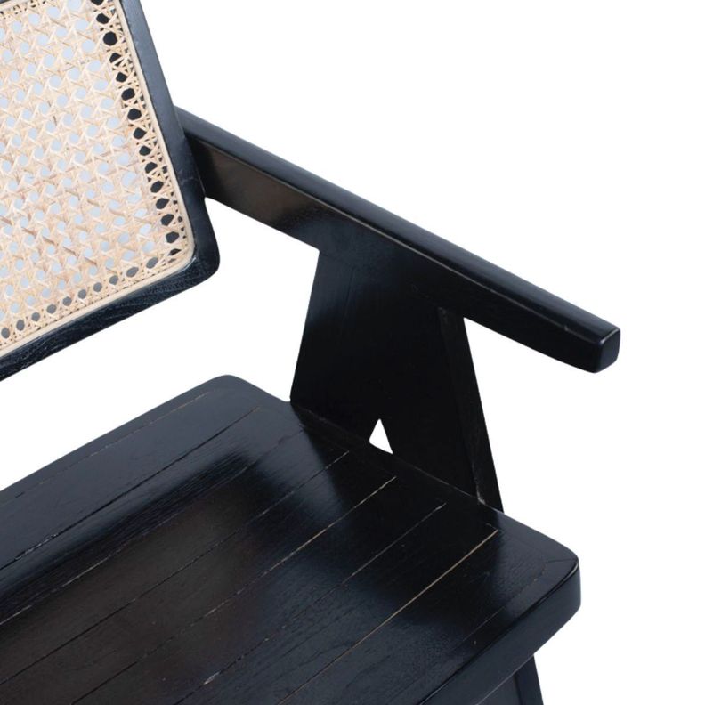 Silla de teca y respaldo de rattan negro-3
