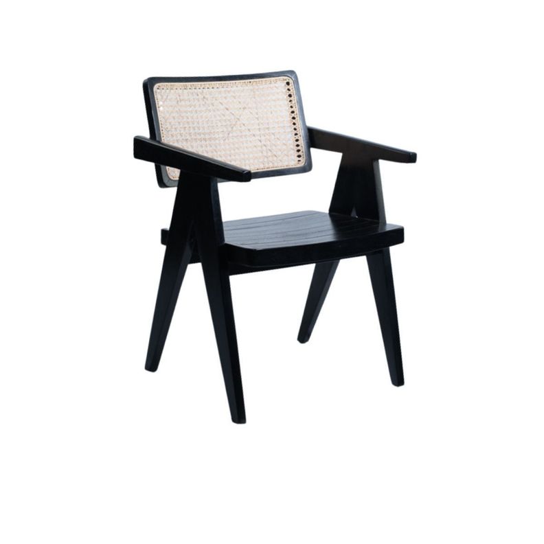 Silla de teca y respaldo de rattan negro-0