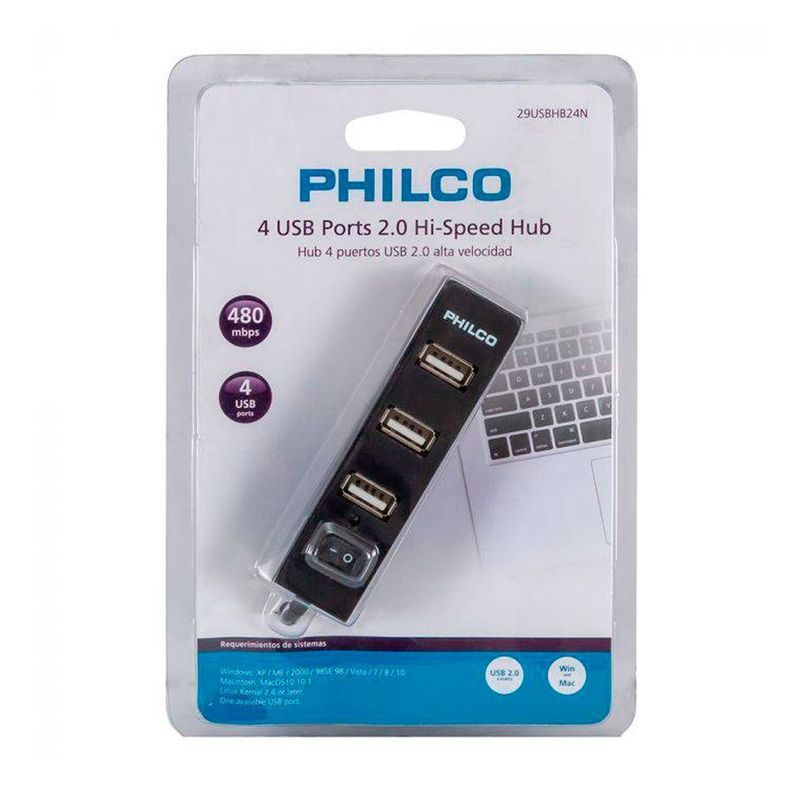 Mini Hub 2.0 4 Puertos Usb Negro Philco - Malik-1