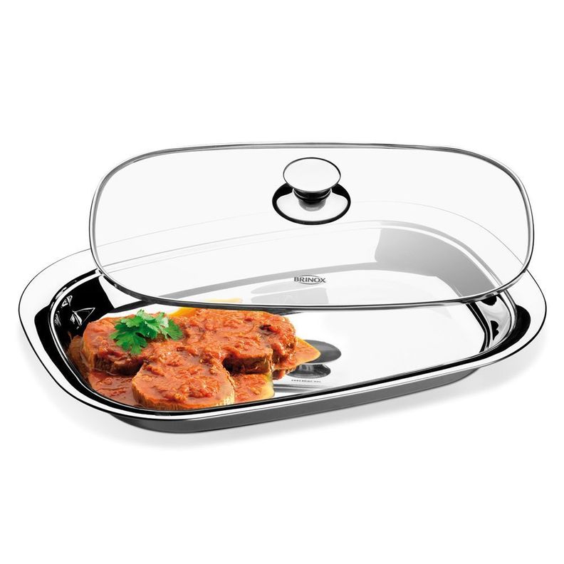 FUENTE CON TAPA DE VIDRIO BRINOX LINEA LYON EN ACERO INOXIDABLE 28X40 CMS-0