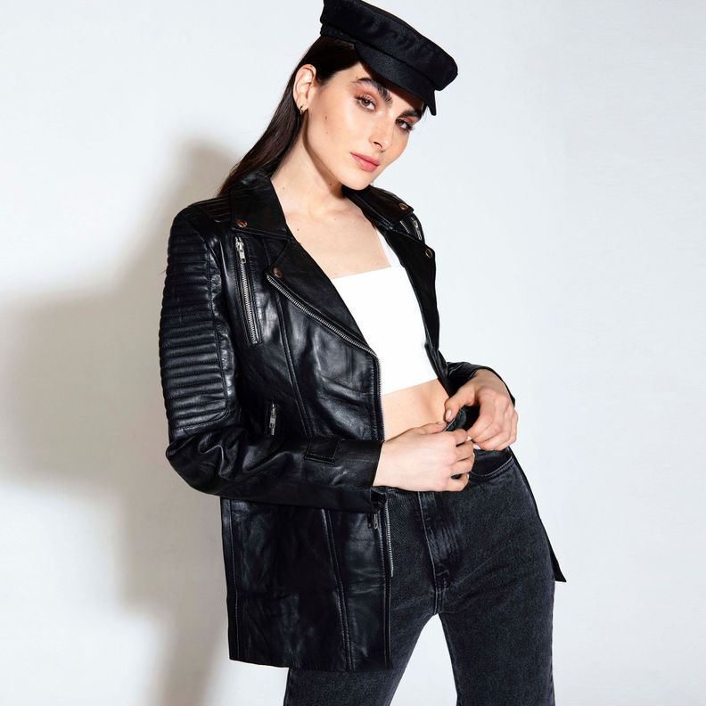 Chaqueta De Cuero Sakura Negra Amen Larga-0