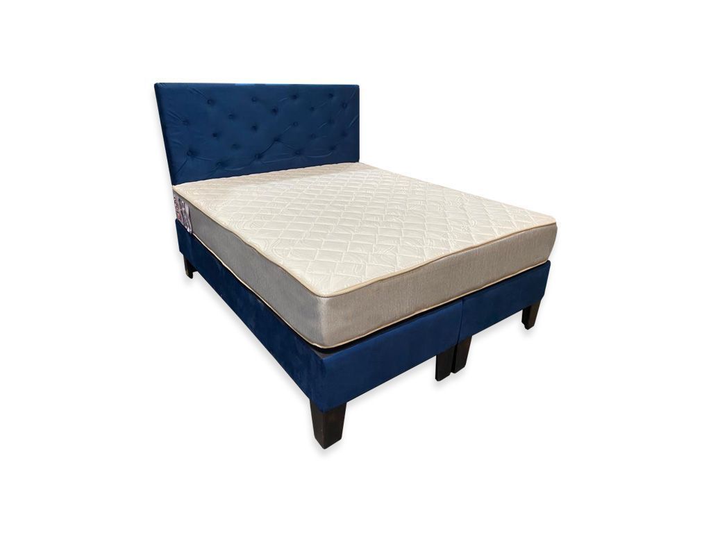 Cama Americana Full BD + Colchon de Resorte + Respaldo  Felpa Azul Marino Pmadera-0
