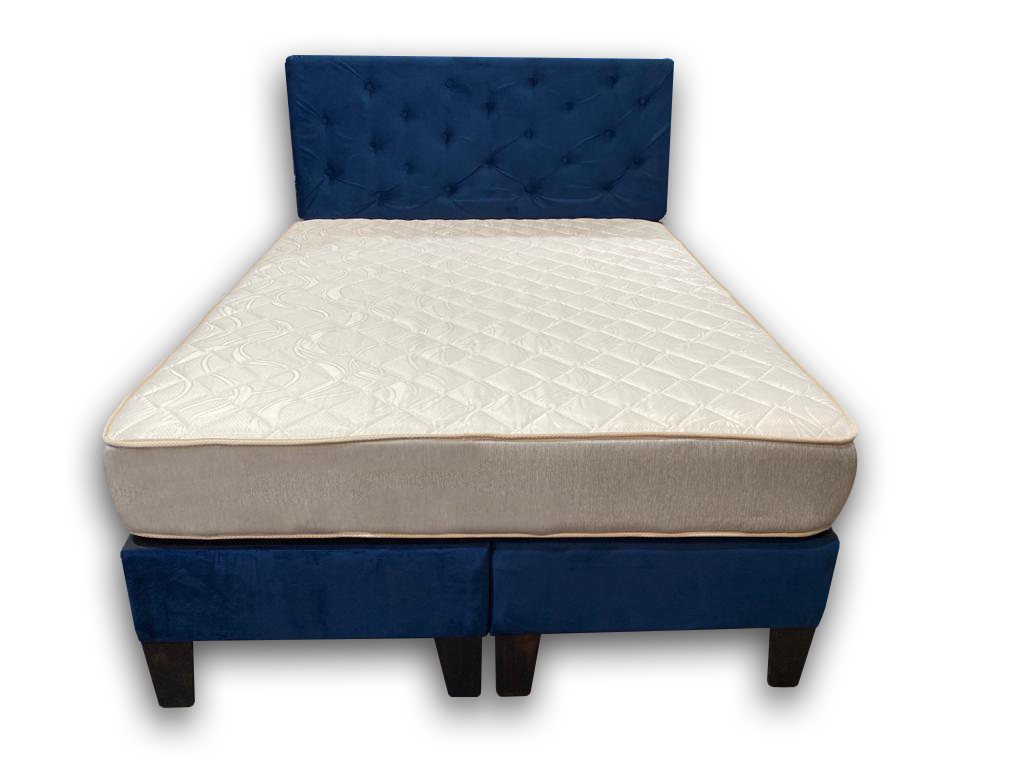 Cama Americana Full BD + Colchon de Resorte + Respaldo  Felpa Azul Marino Pmadera-1