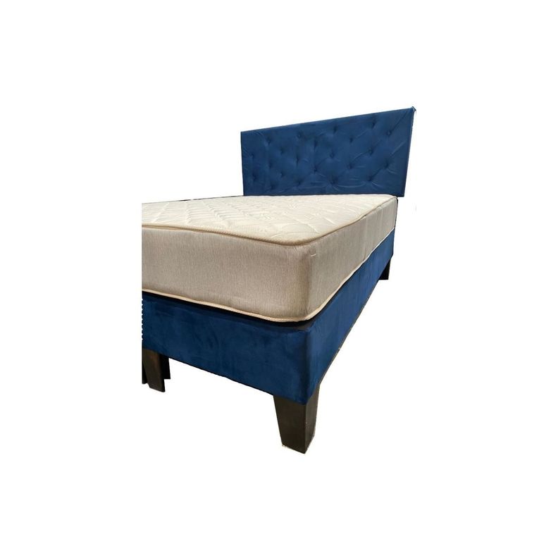 Cama Americana Full BD + Colchon de Resorte + Respaldo  Felpa Azul Marino Pmadera-2