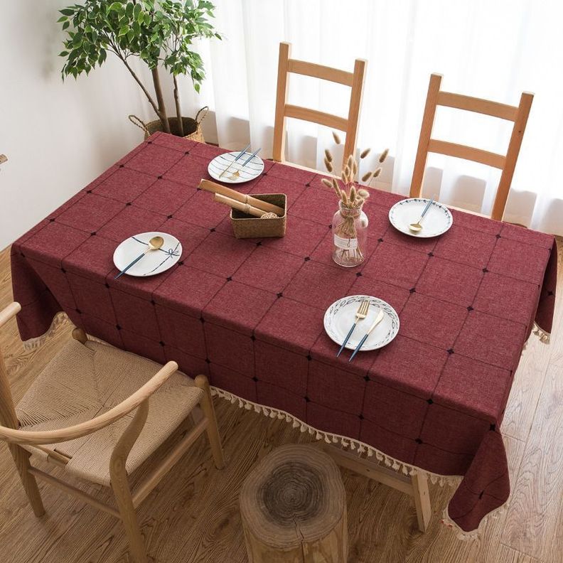 Mantel Rectangular Burdeo Bordado con Borlas-2