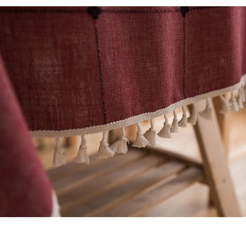 Mantel Rectangular Burdeo Bordado con Borlas-1