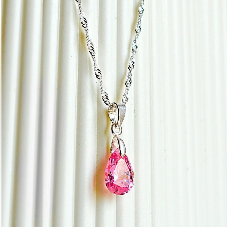 Cadena De Plata 925 Y Gota De Zircón Rosa-1