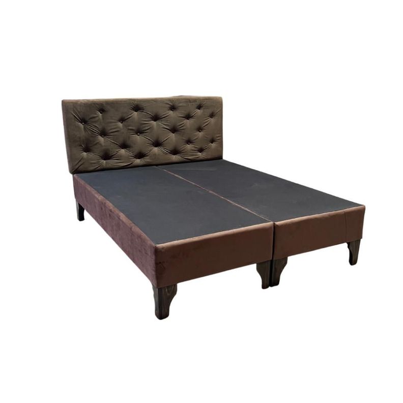 Base HVM 2 Plazas + Respaldo Botone Cafe Oscuro Felpa Pmadera-0